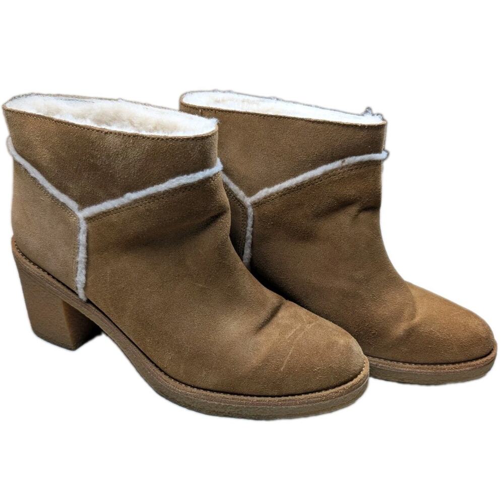 UGG Kasen Chestnut Suede Sheepskin Block Heel Ankle Boots Womens 8.5 1018644